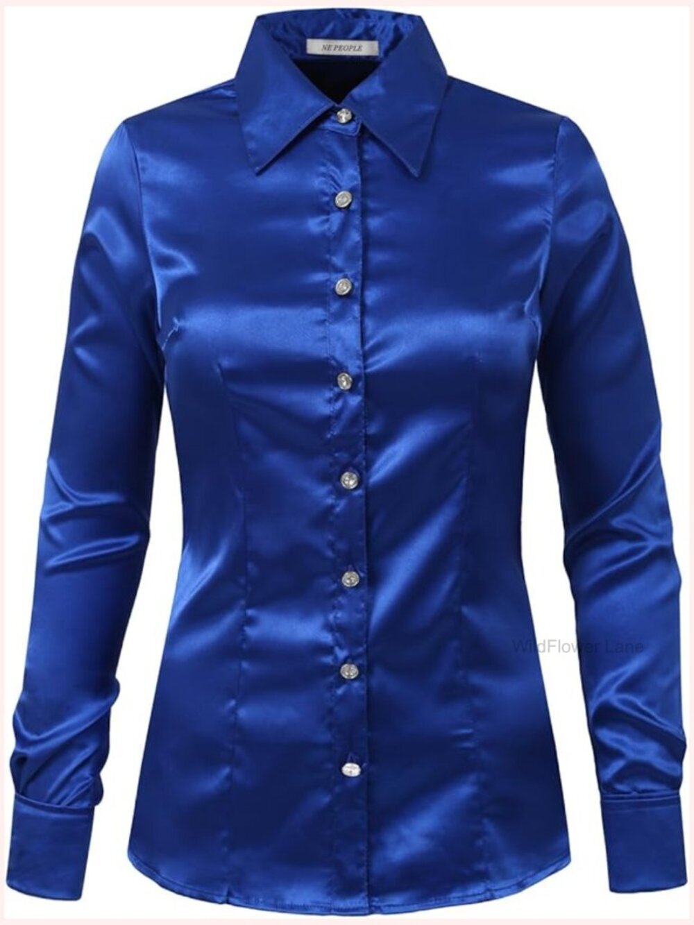 Lightweight Long Sleeve Satin Button Down Blouse Rhinestone Cuffs